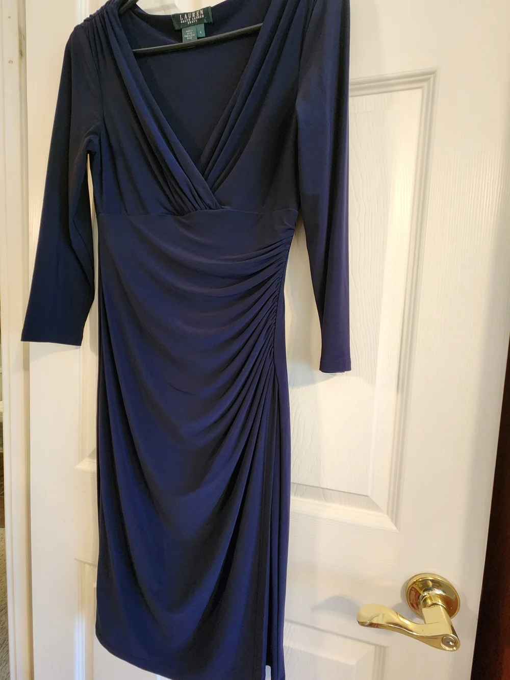 Ralph Lauren Navy Ruched V-Neck Long Sleeve Sheath Size 4 - Picture 5 of 8